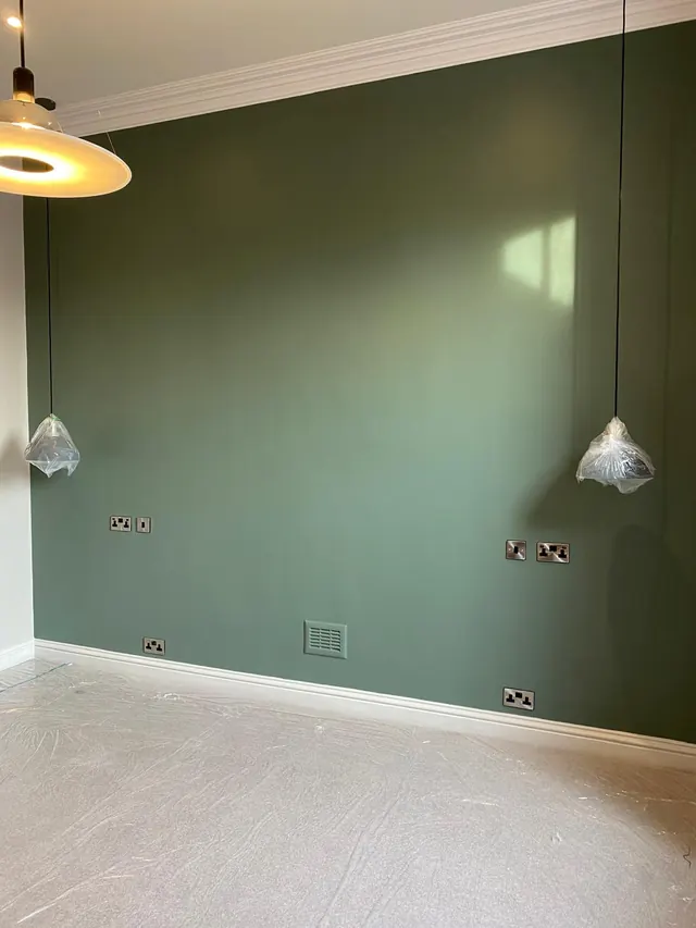 Sage green feature wall with crisp white cornice and skirting